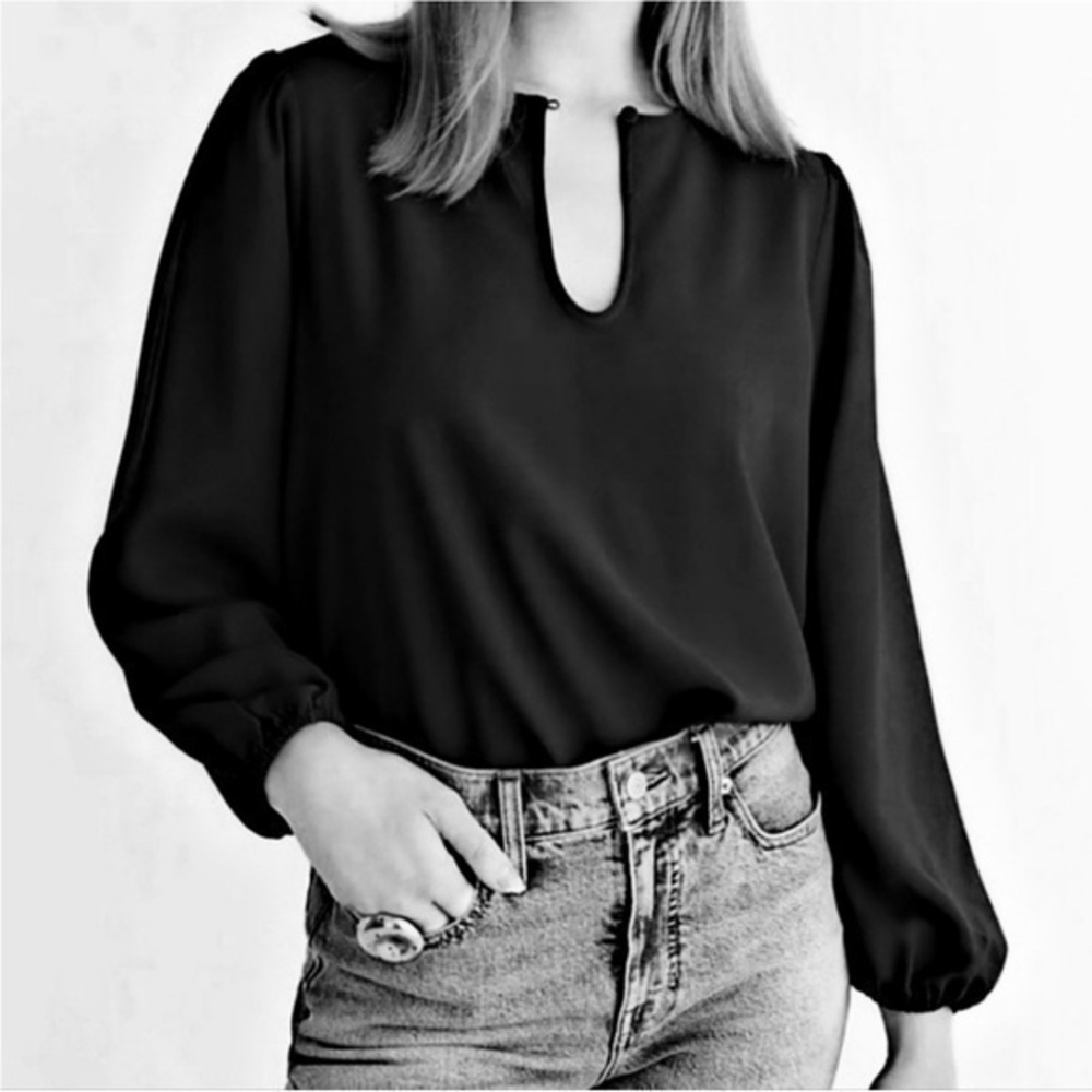 J. Crew | Puff Sleeve Satin-Back Crepe Blouse Keyhole Neck Black XL Tall NWT